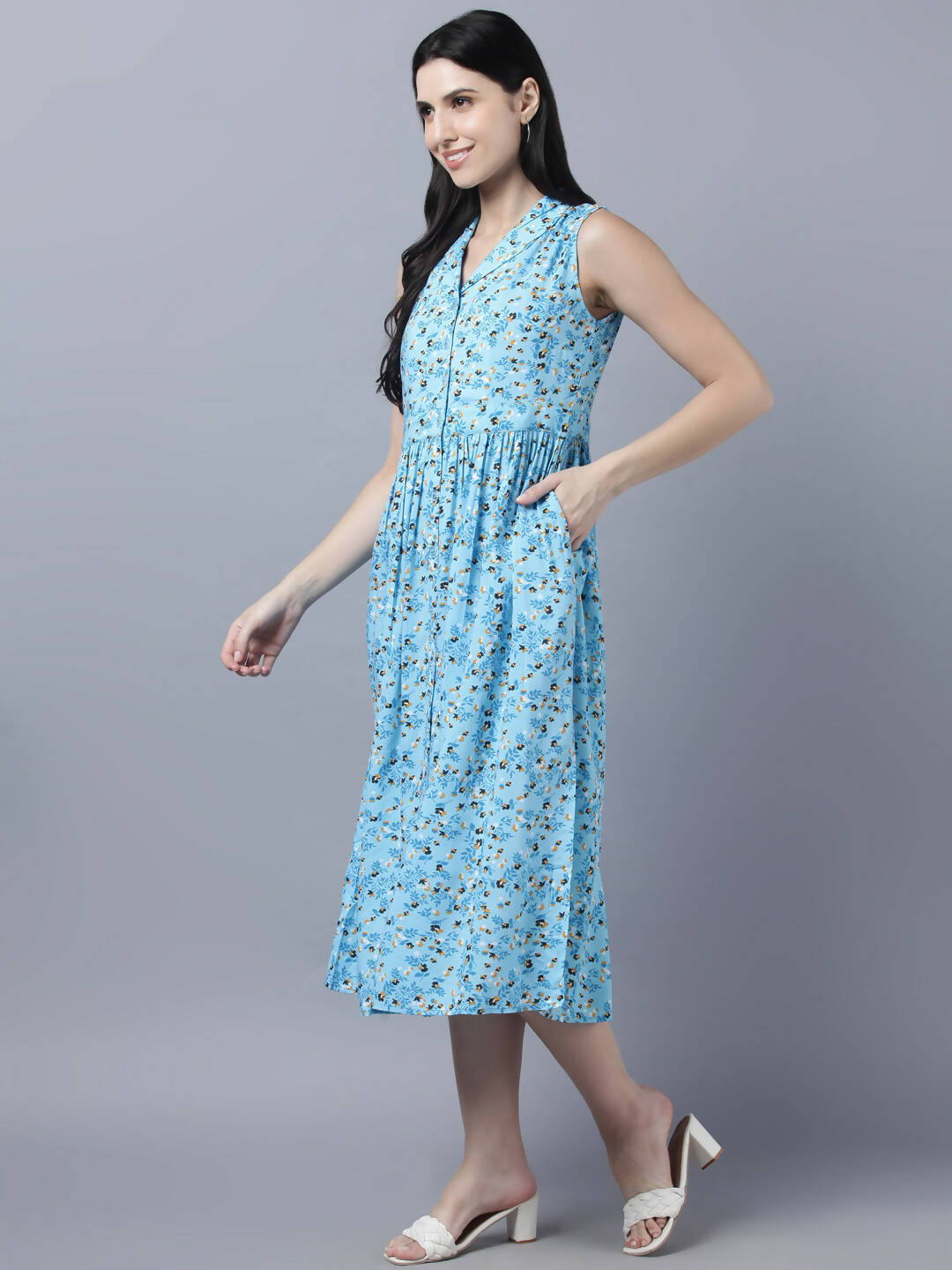 Myshka Women's Blue Floral Midi Dress - Distacart