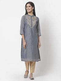 Thumbnail for Myshka Women Grey Chanderi Embroidered 3/4 Sleeve Round Neck Kurta
