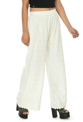 Mominos Fashion Moeza Reyon Cotton Off White Color Chikan Work Palazzo
