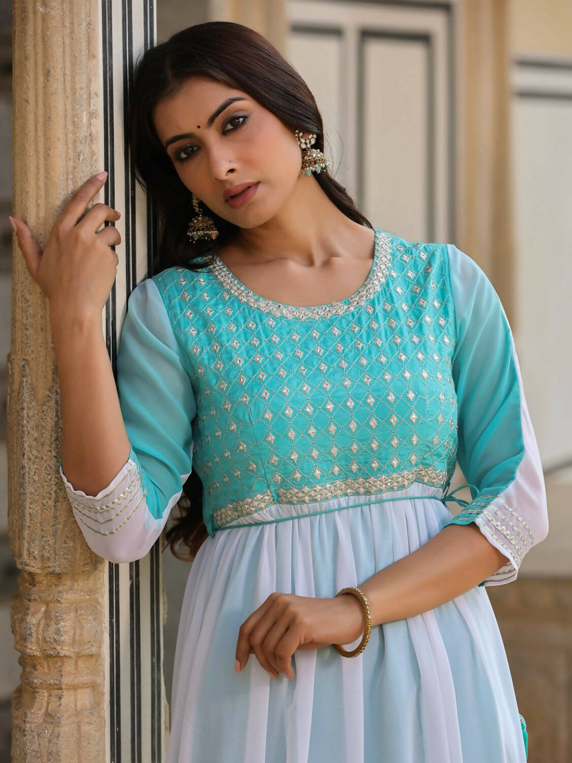 Juniper Women Teal Georgette Embroidered Maxi Dress - Distacart
