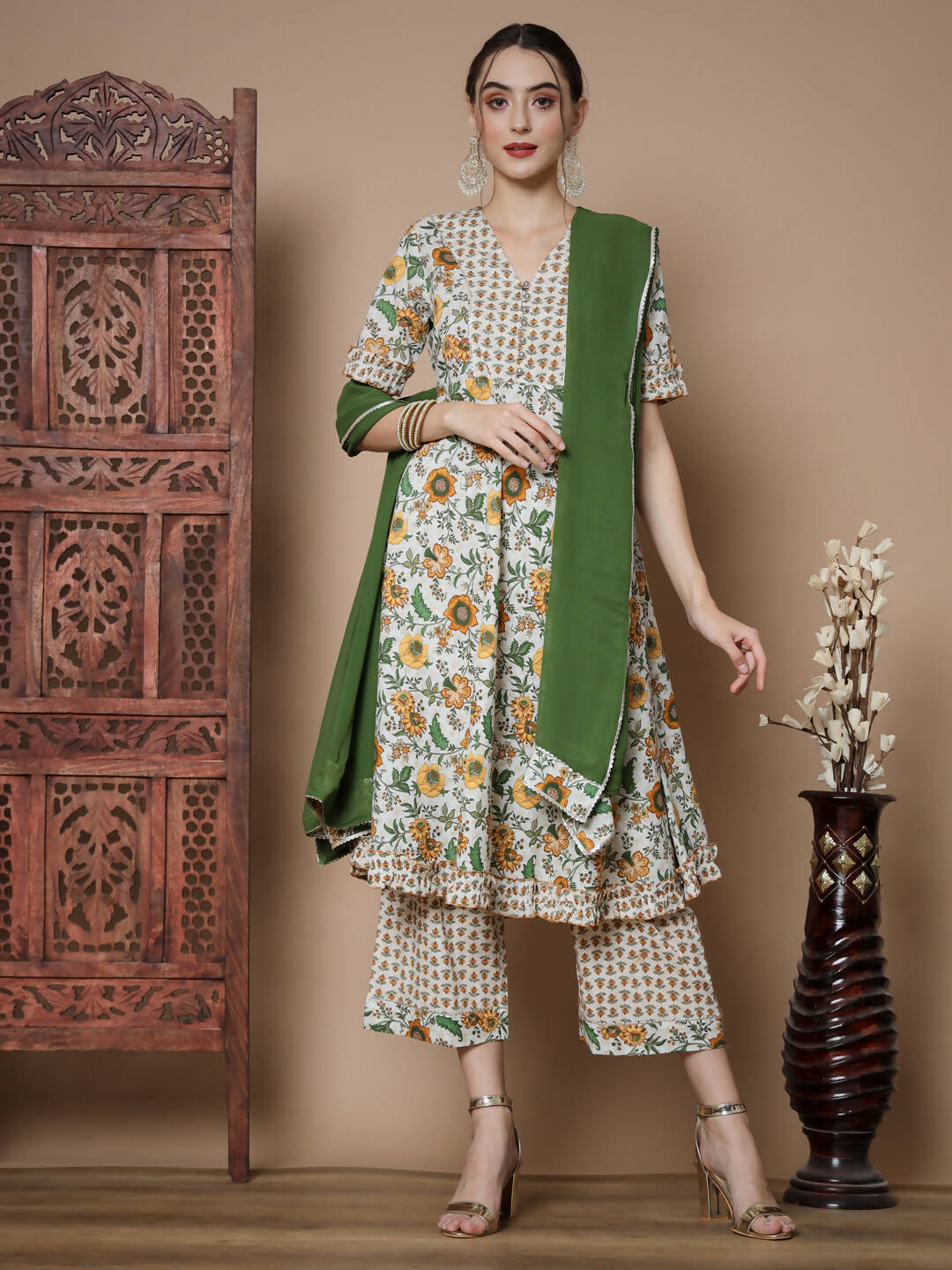 Myshka Women's Multi Anarkali Kurta & Palazzos With Dupatta - Distacart