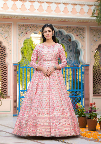 Functional Designer Off White-Light Pink Dola Silk Anarkali suit with Dupatta - Ramya - Distacart