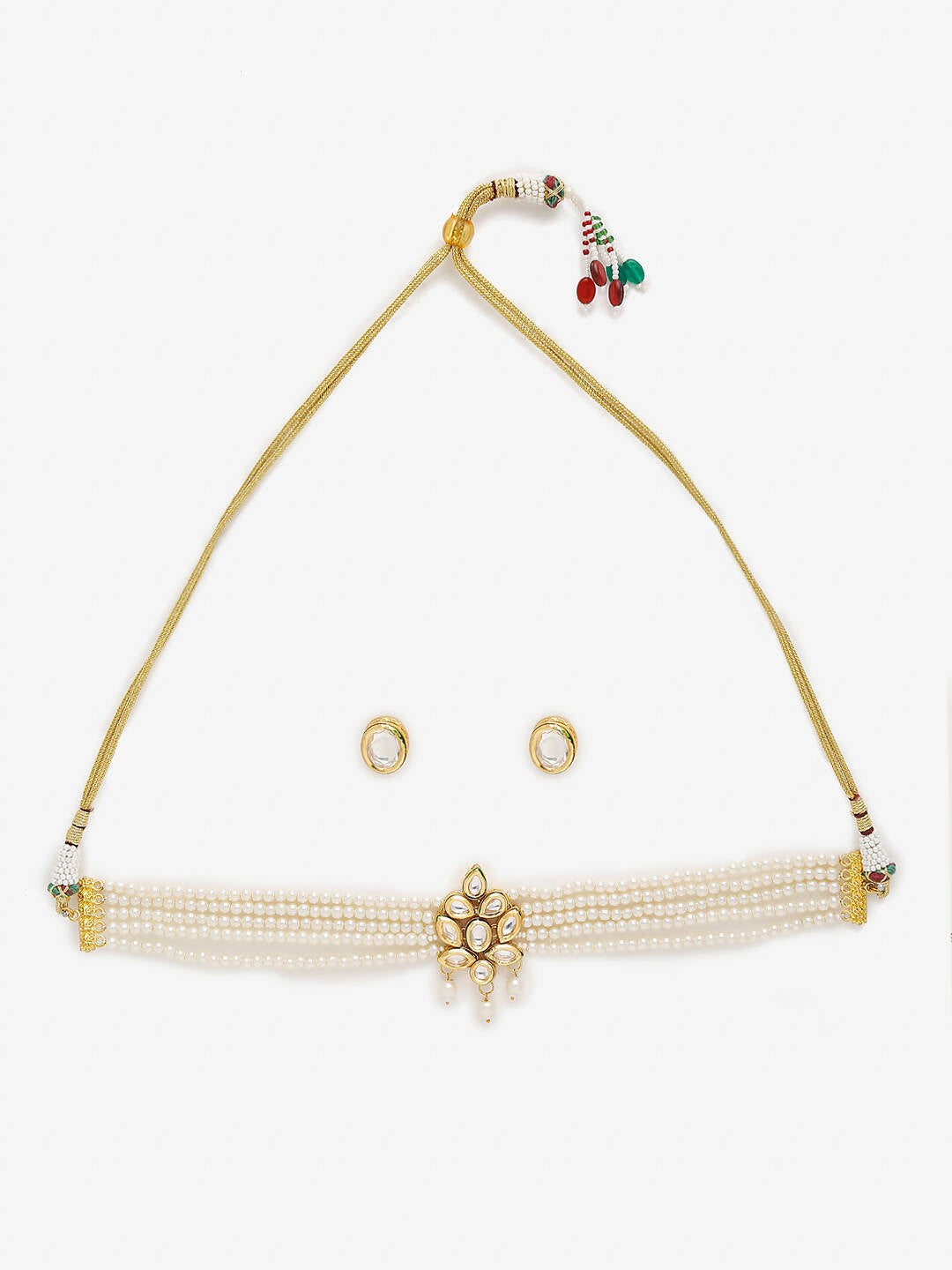 Gold-Plated White Pearl Kundan Choker With Studs - Ruby Raang - Distacart