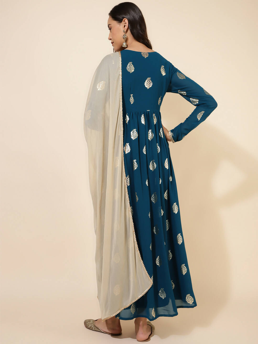 Janasya Women's Teal Blue Georgette Foil Printed Festive Flared Kurta Set - Distacart