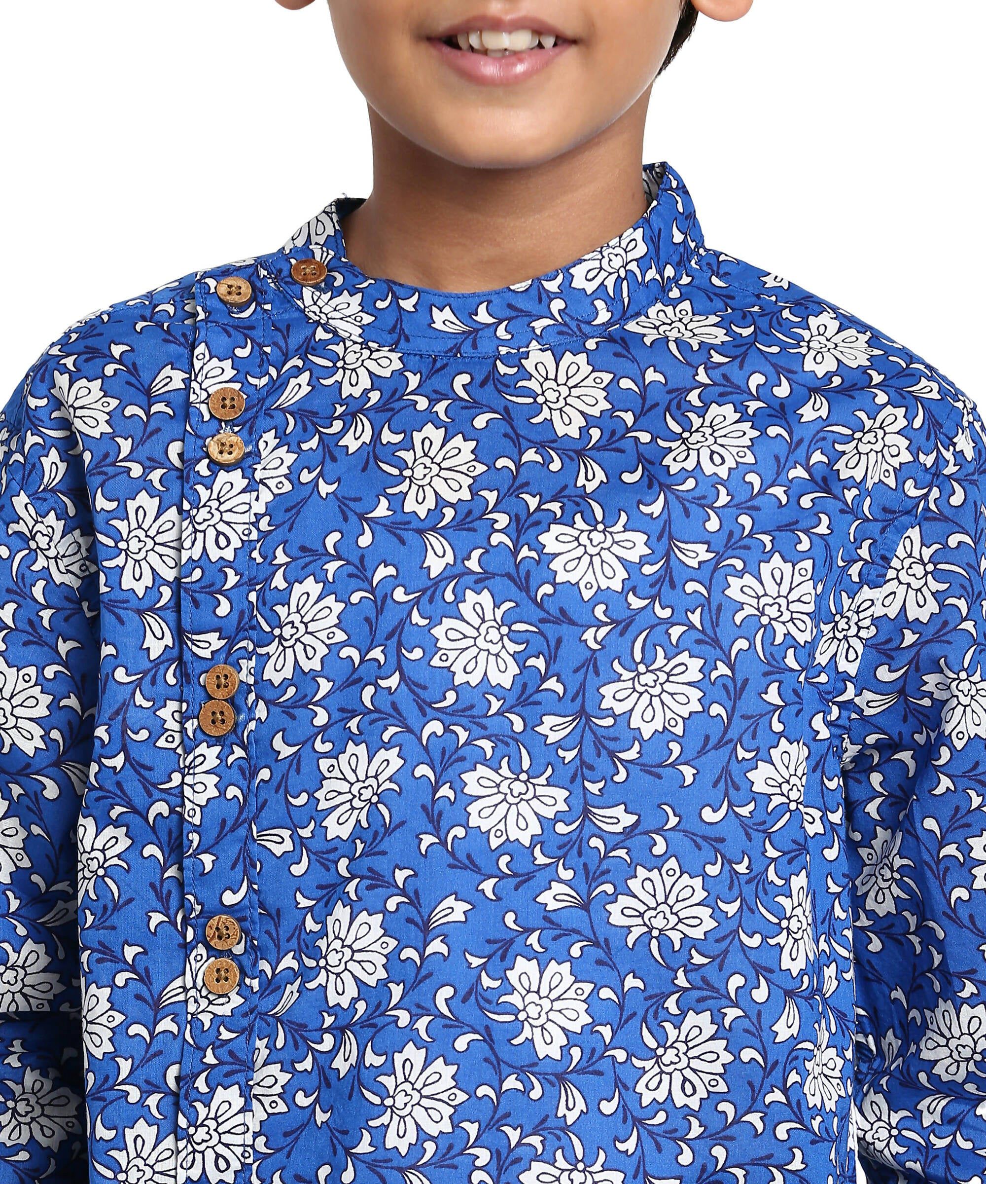 Manet Boys Full Sleeves Flower Printed Ethnic Shirt - Blue - Distacart