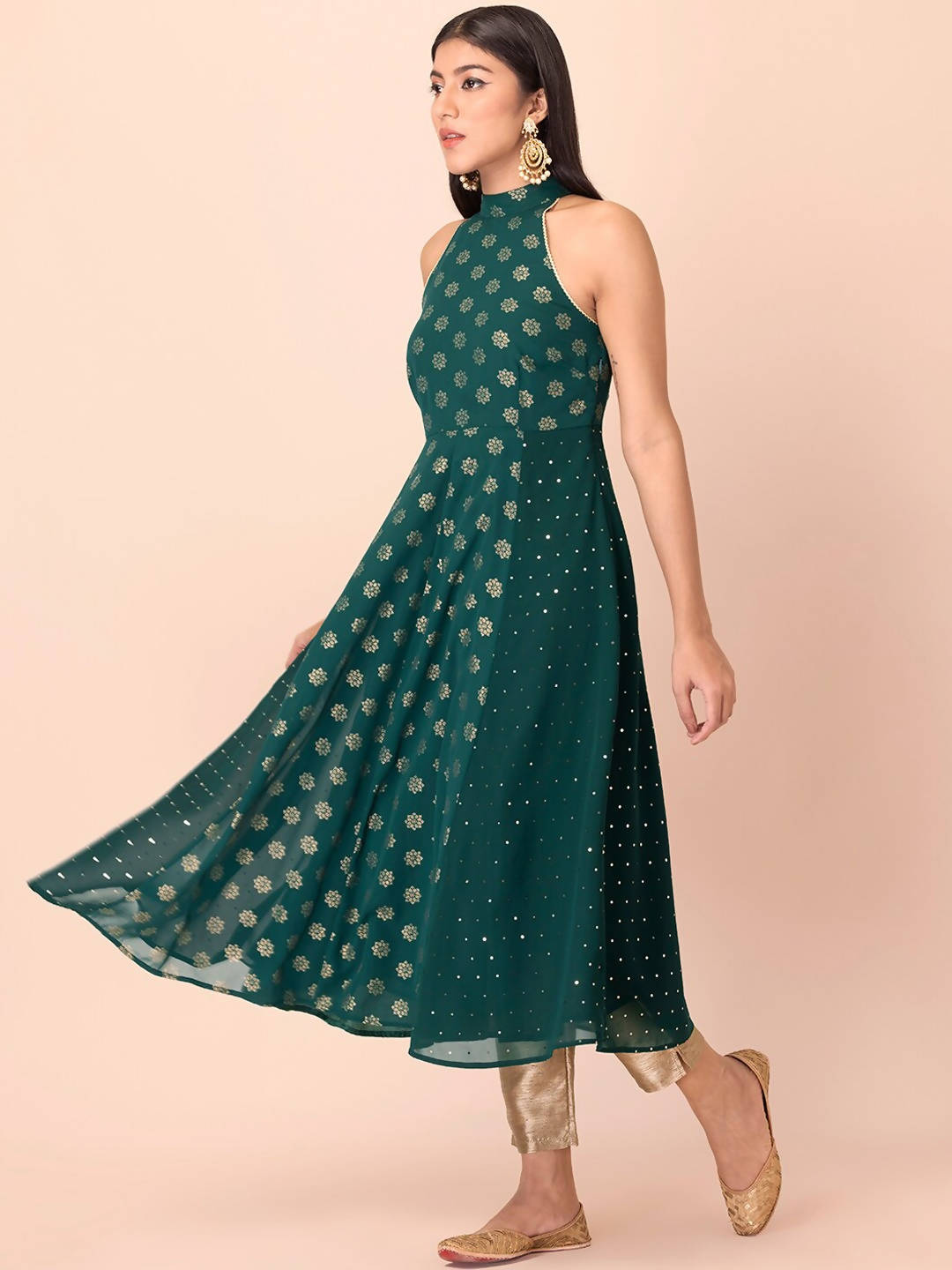 Indya Green Floral Printed Halter Neck Georgette Kurta With Zari Detail - Distacart