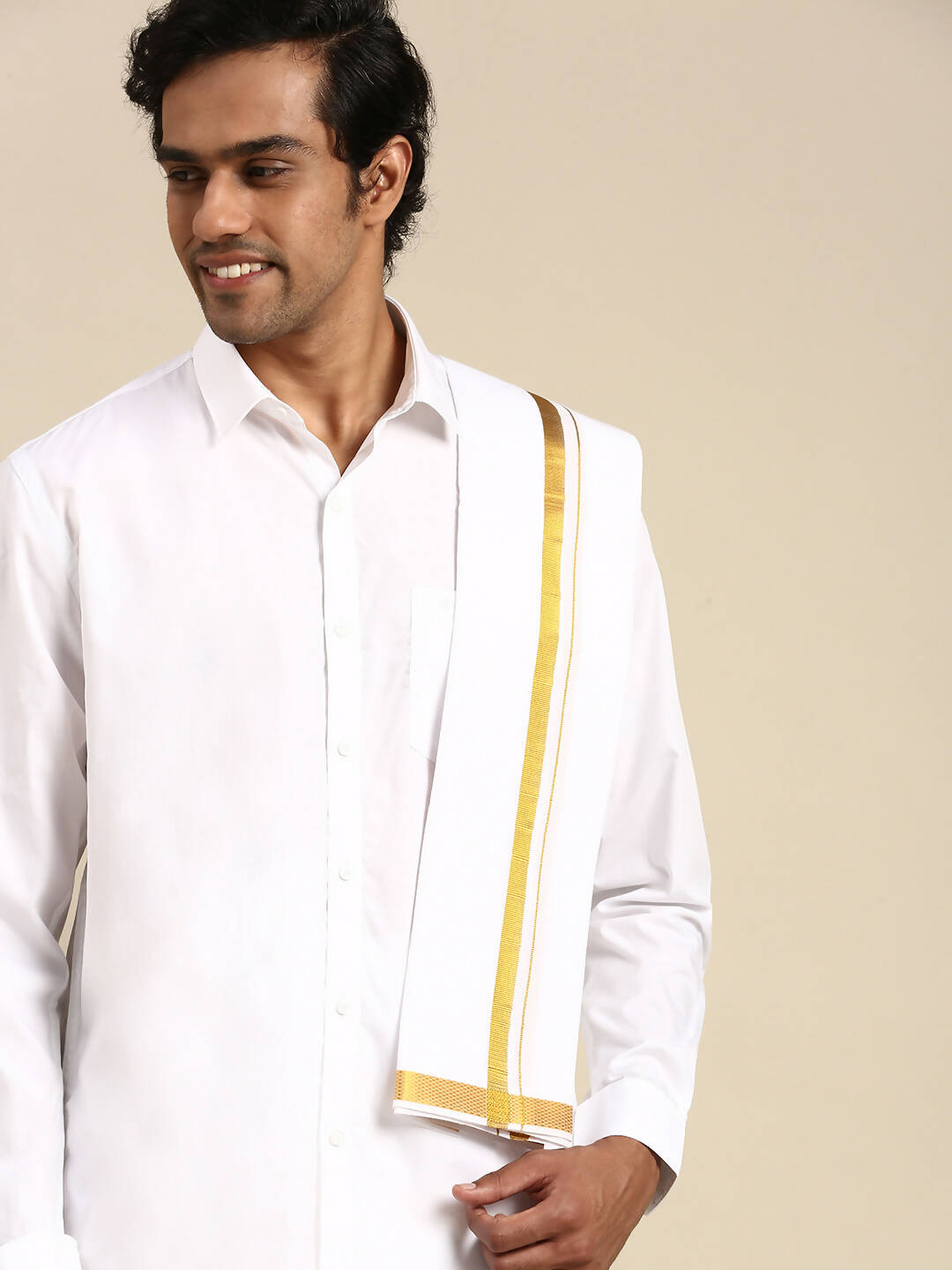 Ramraj Cotton Premium Wedding White Regular Dhoti, Shirt & Towel Set Arathi 1/2
