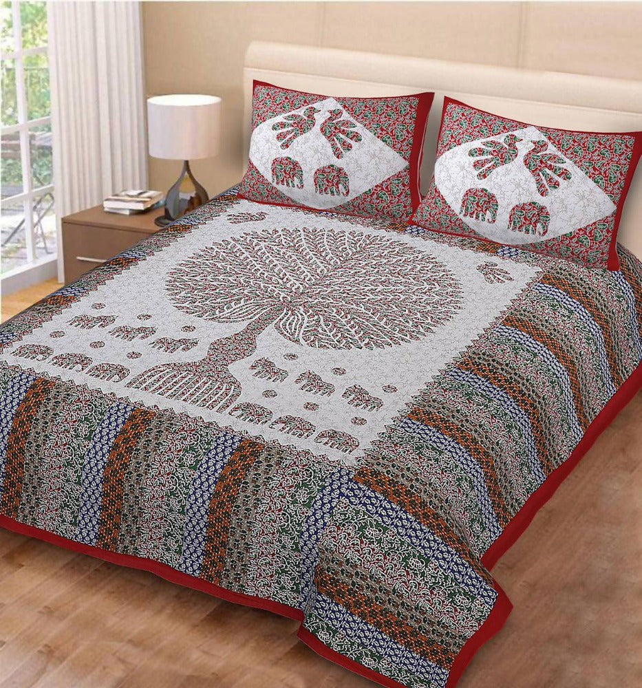 Vamika Printed Cotton Red Tree Stripe Bedsheet With Pillow Covers