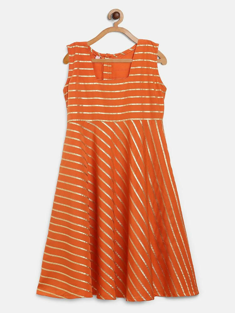 Ahalyaa Orange Crepe Gold Stripped Printed Kids Dress With Jacket For Girls - Distacart
