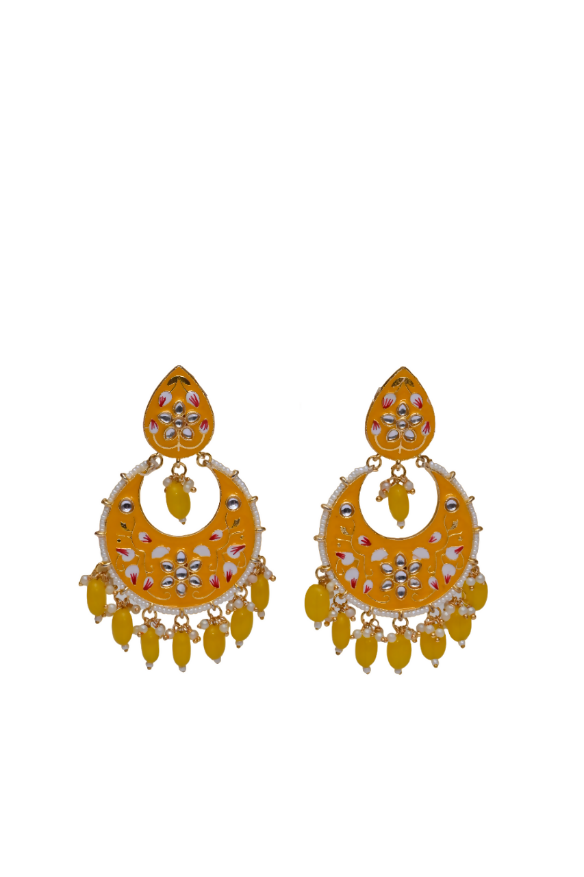Gold Plated Brass & Pearl Dangle Women Yellow Hand Painted Meenakari Chandbali Earrings By House of Ree - Distacart