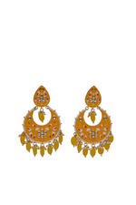 Thumbnail for Gold Plated Brass & Pearl Dangle Women Yellow Hand Painted Meenakari Chandbali Earrings By House of Ree - Distacart