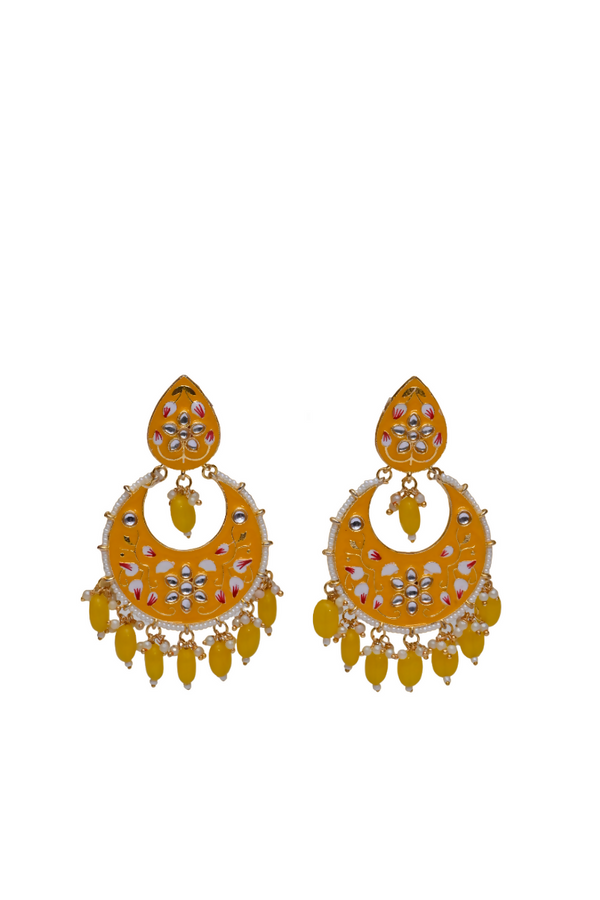 Gold Plated Brass & Pearl Dangle Women Yellow Hand Painted Meenakari Chandbali Earrings By House of Ree - Distacart