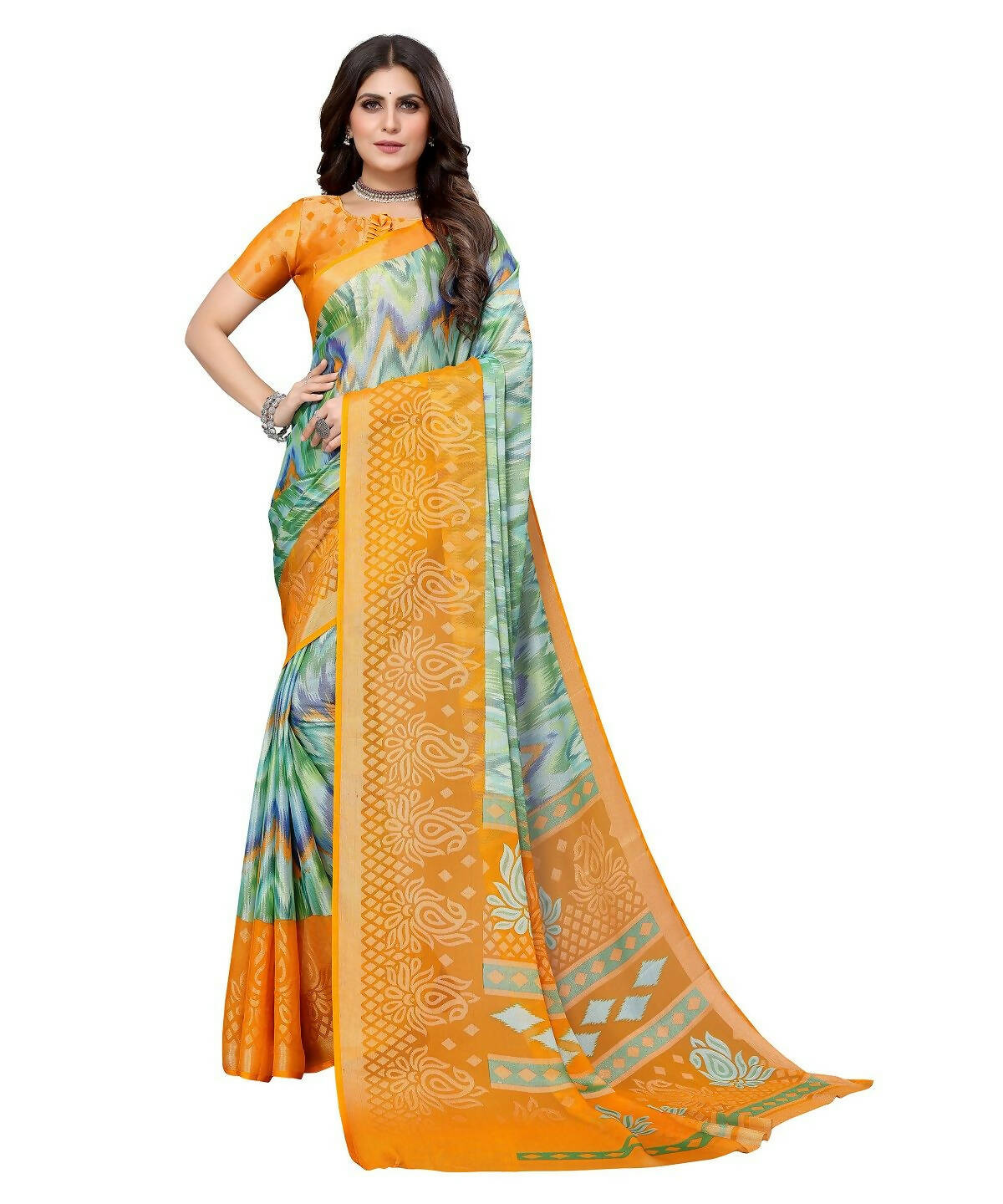 Vamika Green Chiffon Brasso Bollywood Style Woven Saree (KARUNA YELLOW) - Distacart
