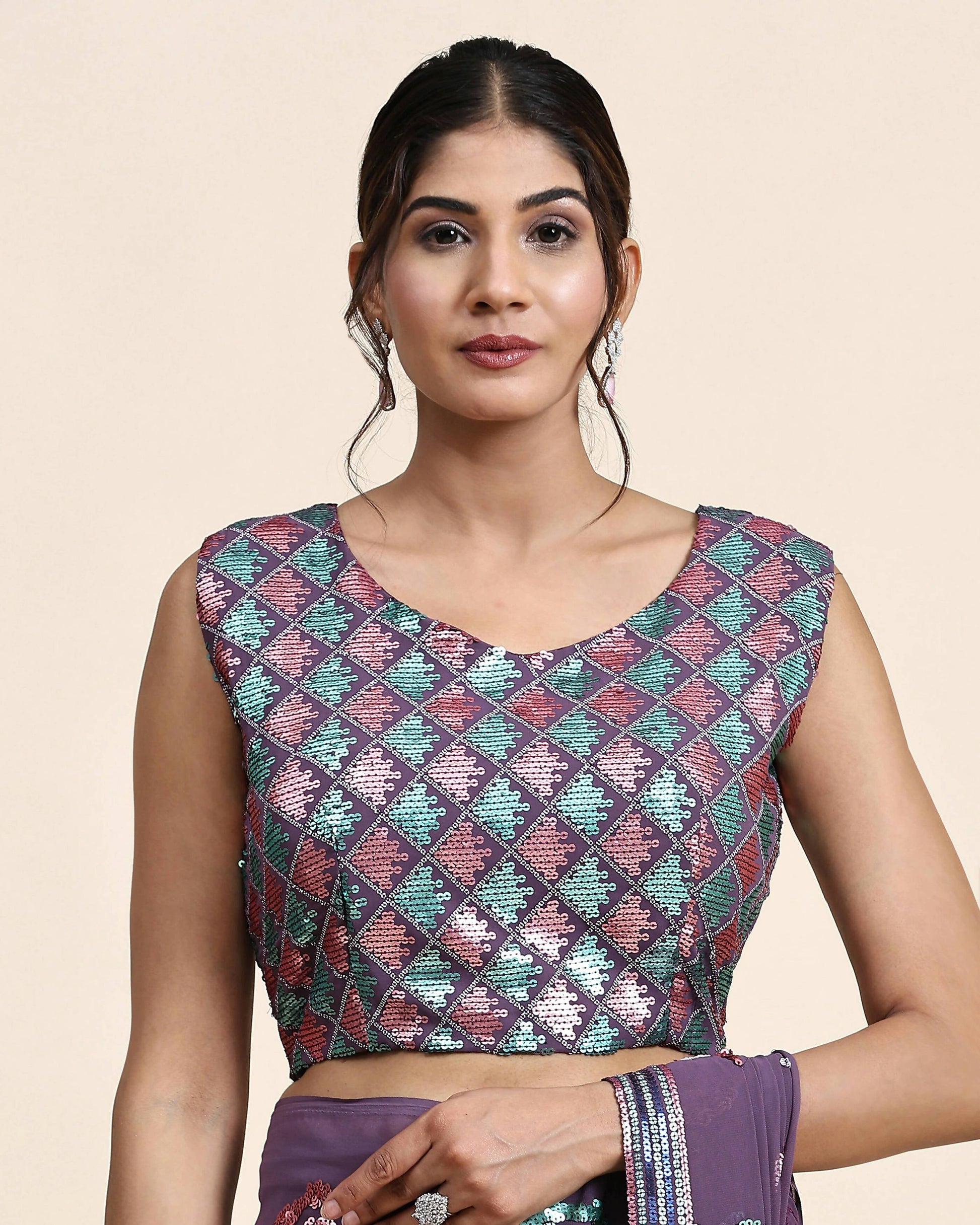 Purple Pure Georgette Sequence work Ready to wear Saree with stitched Blouse - Nirvana - Distacart