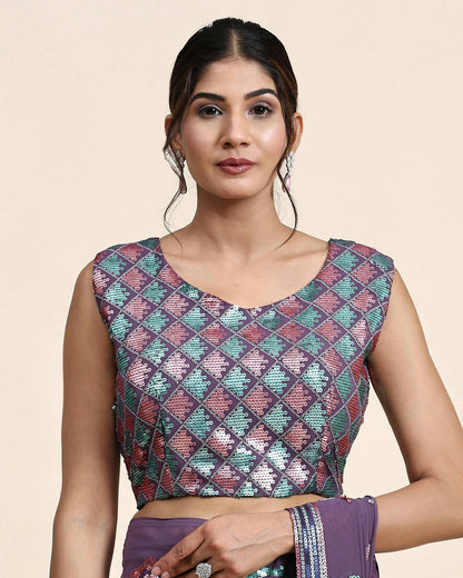 Purple Pure Georgette Sequence work Ready to wear Saree with stitched Blouse - Nirvana - Distacart