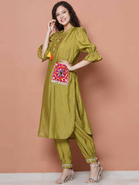 Thumbnail for Women Republic Green Art Silk Embroidered Kurta with Afghani Salwar - Distacart