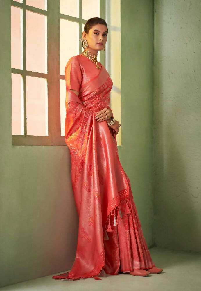 Elegant Designer Tomato Red Color Kanjivaram Silk Saree With Weaving Work - Yomika Fashions - Distacart