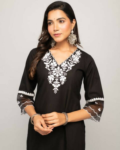 FIORRA Women's Black Cotton Straight Kurta Palazzo Set - Distacart