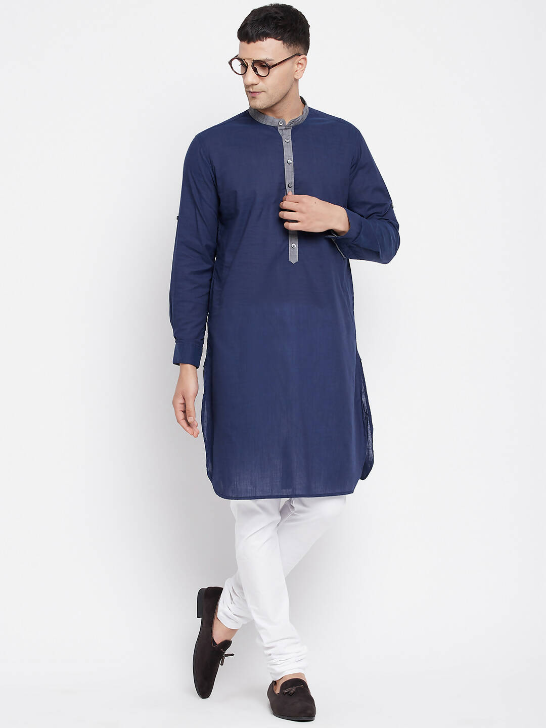 Even Apparels Blue Pure Cotton Men's Kurta With Contrast Collar And Placket - Distacart