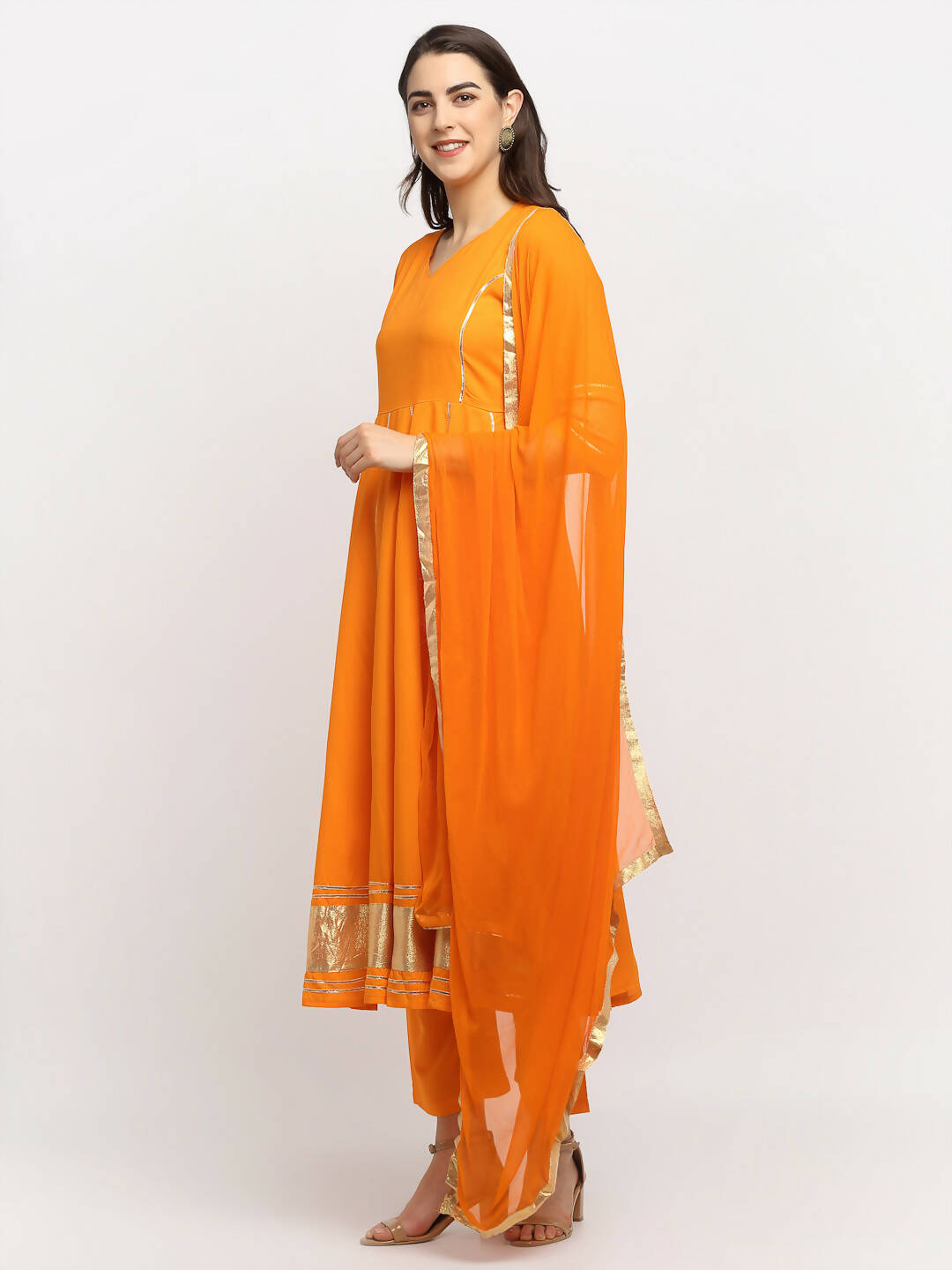 Rudra Bazaar Orange Anarkali Lace Work Kurta with Pyjamas & Dupatta - Distacart
