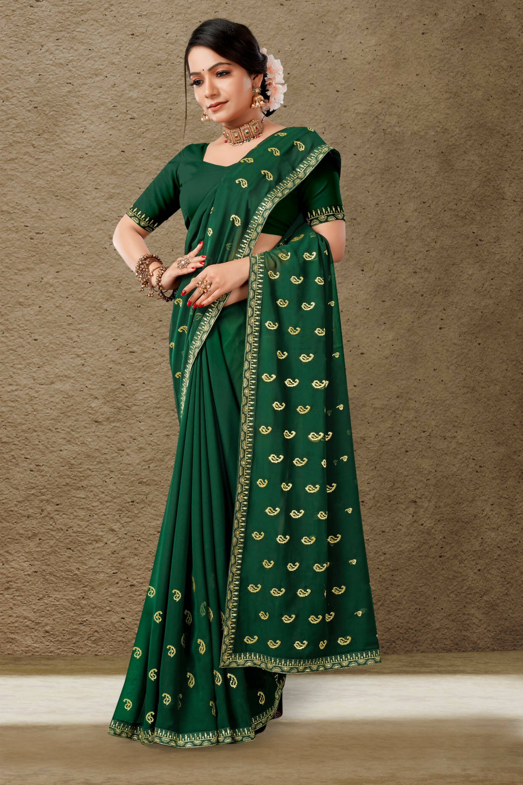 Green Georgette Embroidered Saree with Unstitched Blouse Piece - Avika - Distacart