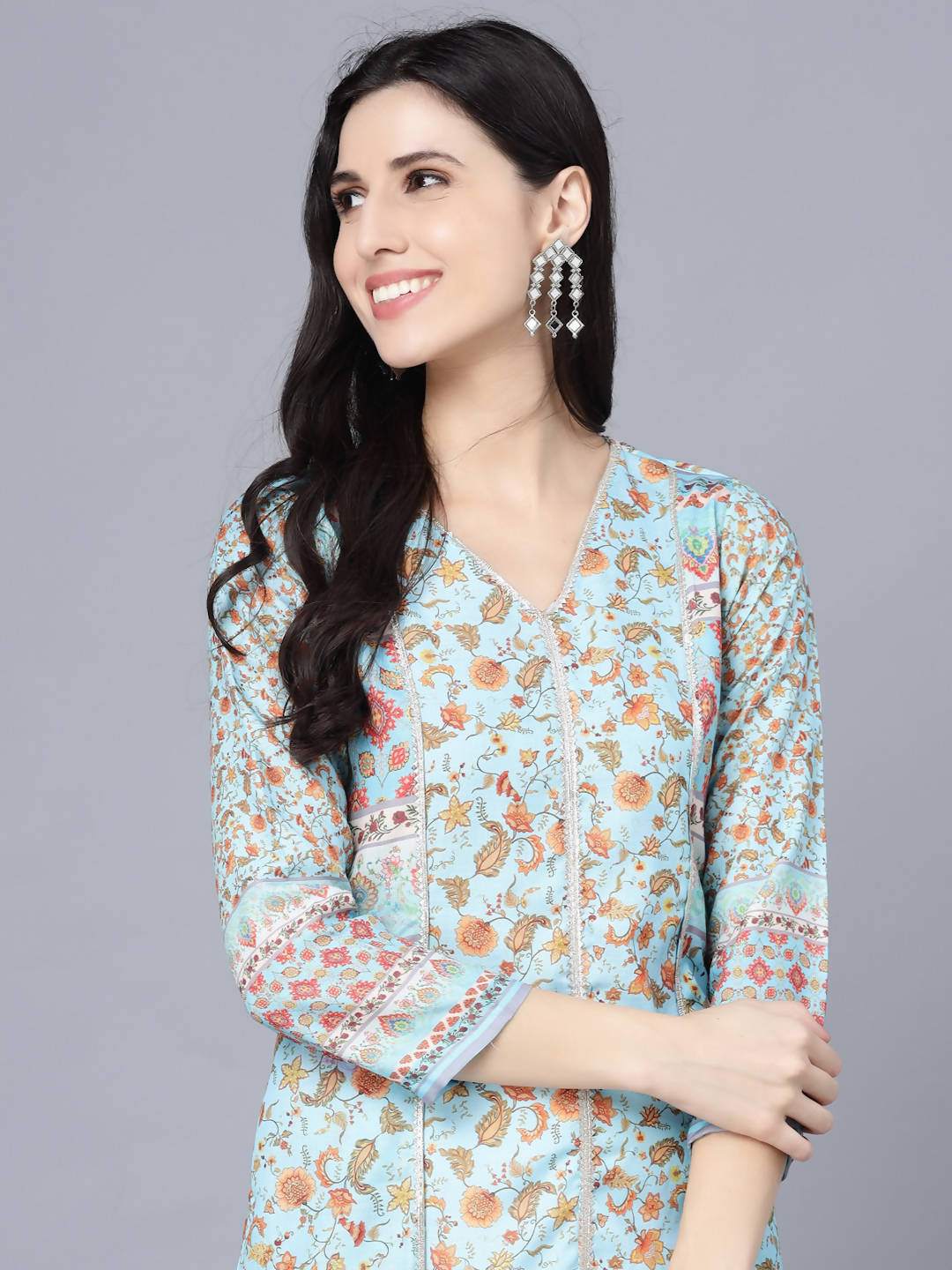 Myshka Women Blue Floral Printed Thread Work Anarkali Kurta - Distacart