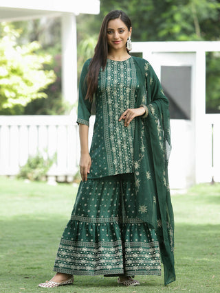 Juniper Green Mono Viscose Festive Wear Printed Straight Kurta Sharara Dupatta Set - Distacart