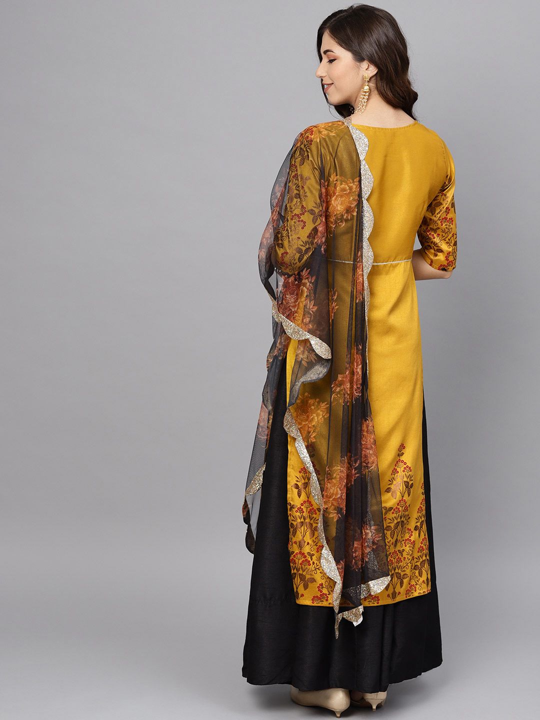 Ahalyaa Women's Mustard Poly Silk Printed Kurta Skirt Set With Dupatta