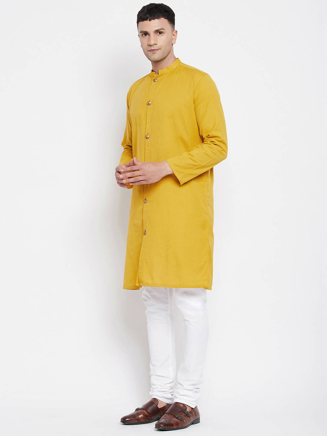 Even Apparels Yellow Pure Cotton Men's Sherwani Kurta With Open Front - Distacart