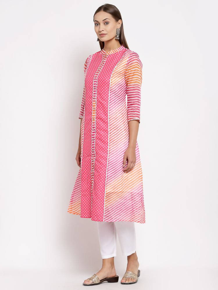 Myshka Women's Pink Cotton Printed 3/4 Sleeve Round Neck Casual Kurta