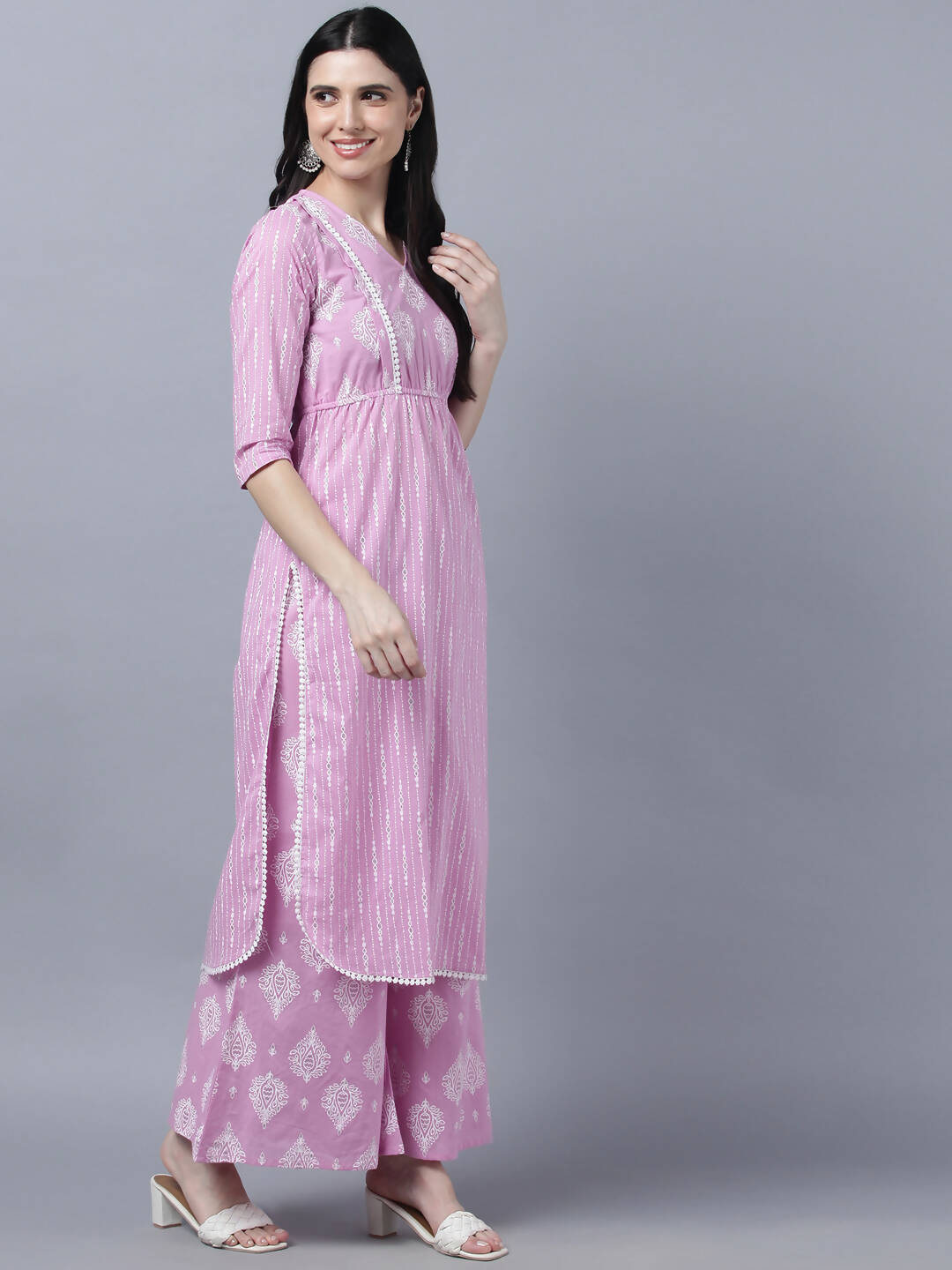 Myshka Stylish Pink 3/4 Sleeve Women's Kurta Palazzo Set - Distacart