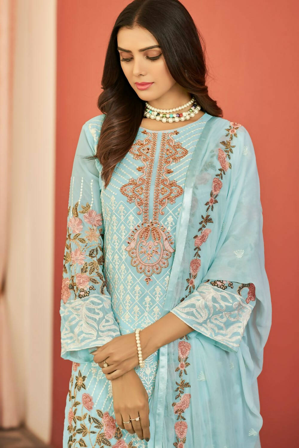 Sky Blue Heavy Faux Georgette Embroidered Semi Stitched Suit - Dhvani - Distacart