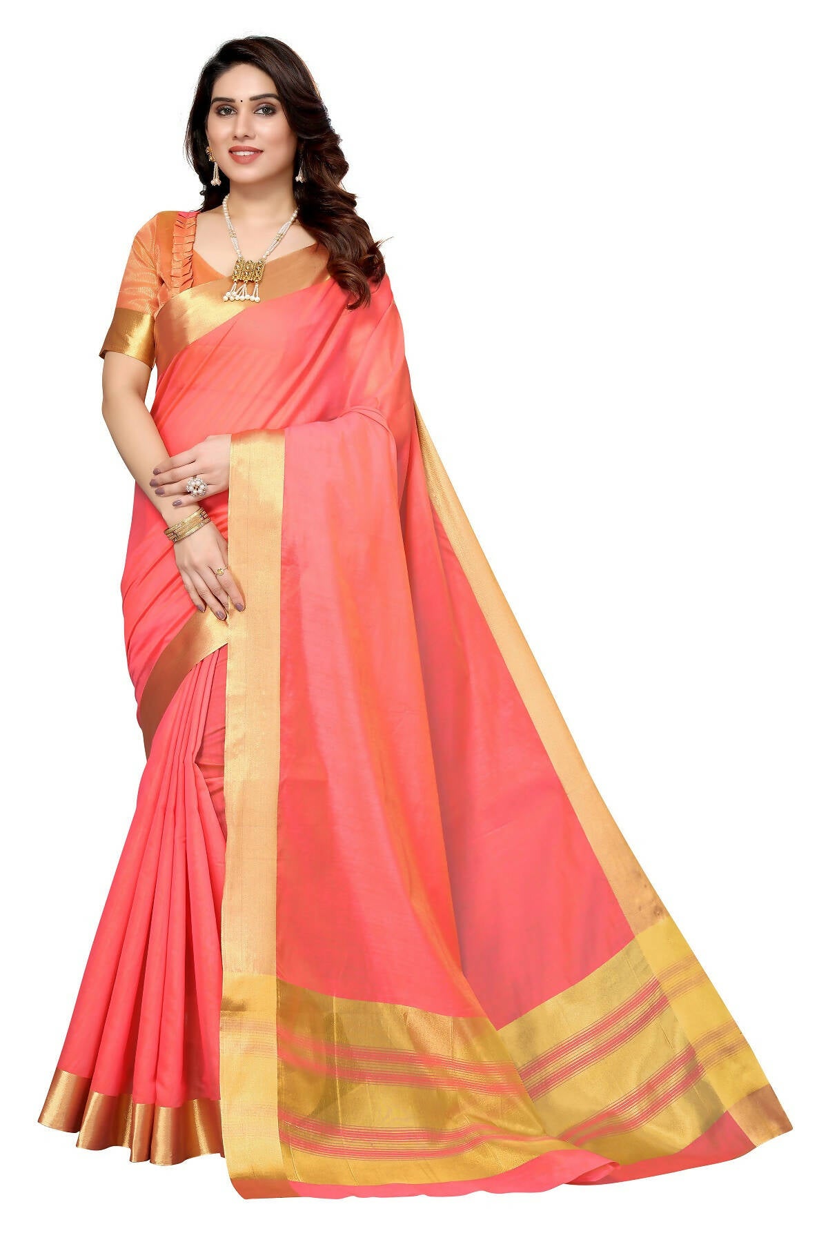 Vamika Peach Cotton Polyester Silk Weaving Saree - Distacart