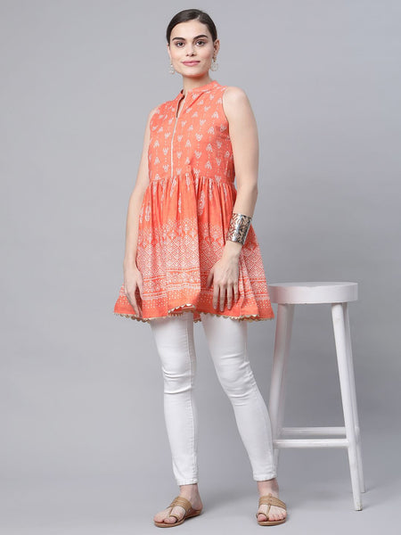 Ahalyaa Women Orange Pure Cotton Porcian Print Tunic - Distacart