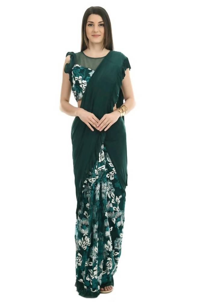 Mominos Fashion All Season Wear Bottle Green And White Thread Embroidered Ruffled Ready To Wear Saree