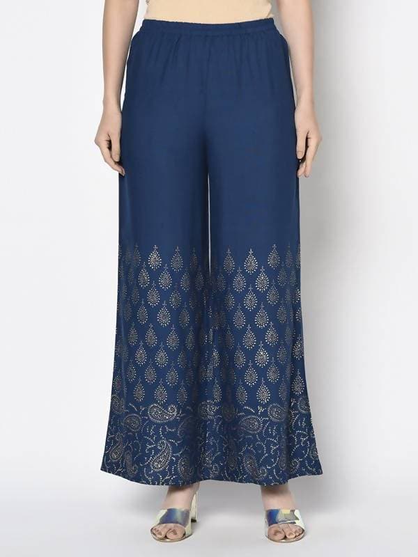 Aniyah Rayon Blue Color Gold Print Flared Slip-On Palazzo (AN-209K)
