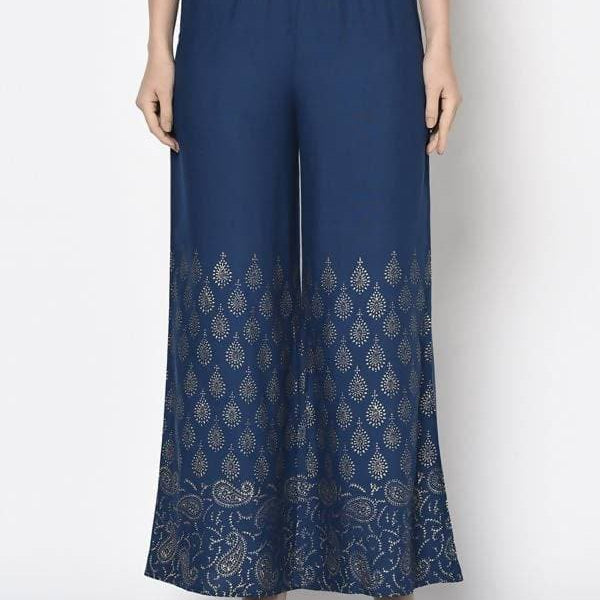 Aniyah Rayon Blue Color Gold Print Flared Slip-On Palazzo (AN-209K)