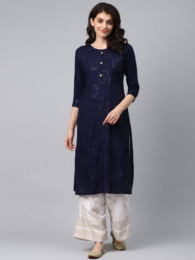 Yufta Women Navy Blue & White Solid Kurta with Palazzo