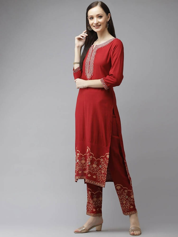 Yufta Women Maroon Ethnic Motifs Yoke Design Regular Thread Work Kurta with Palazzo & With Dupatta
