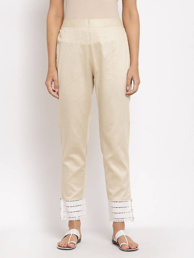 Myshka Beautiful Women's Cream Cotton Solid Casual Trouser