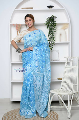 Very Much Indian Jamdhani Cotton Saree - Powder Blue - Distacart