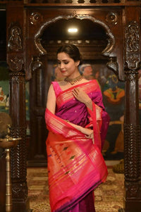 Thumbnail for Very Much Indian Pure Silk Paithani With Most Magenta With Contrast Pink - Distacart