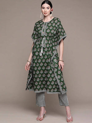 Anubhutee Green Floral Printed Pure Cotton Kurta with Trousers - Distacart