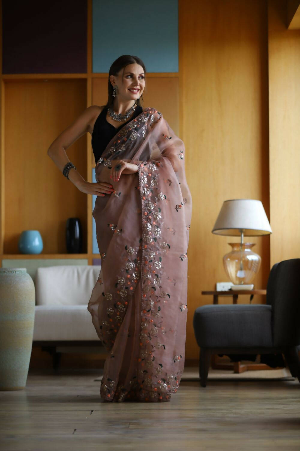 Vamsee Brown Organza Saree - Distacart