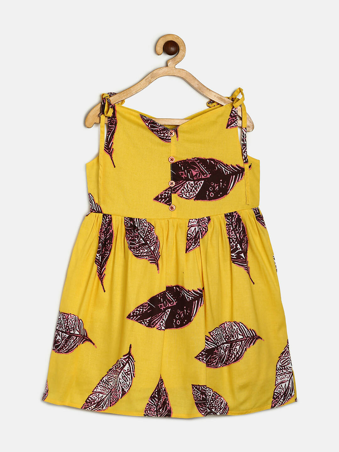Manet Girls Cotton String Tie Frock Brown Leaf Printed - Yellow - Distacart