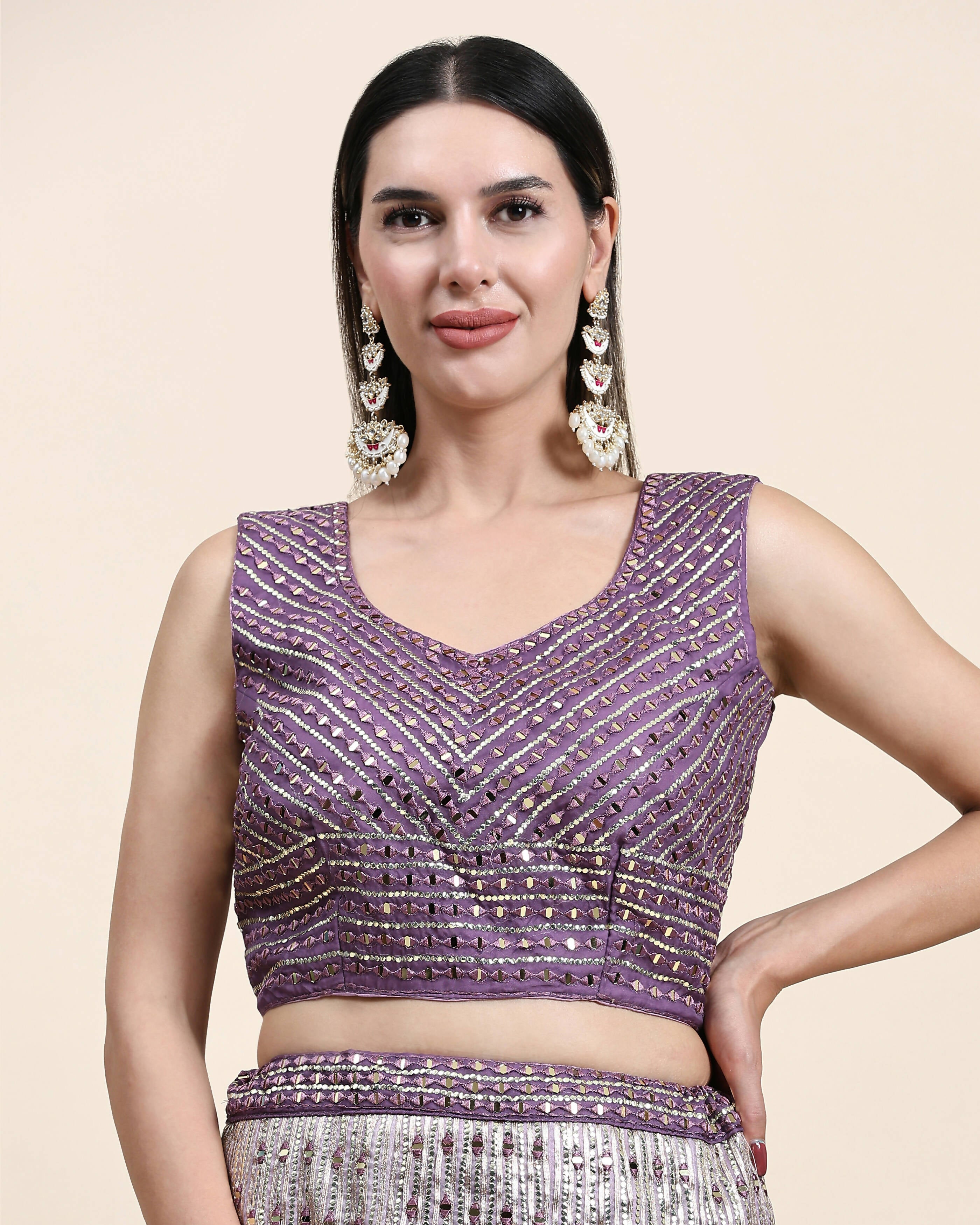 Lavender Organza Mirror With Coding Work Lehenga Choli with Dupatta - Tanya - Distacart