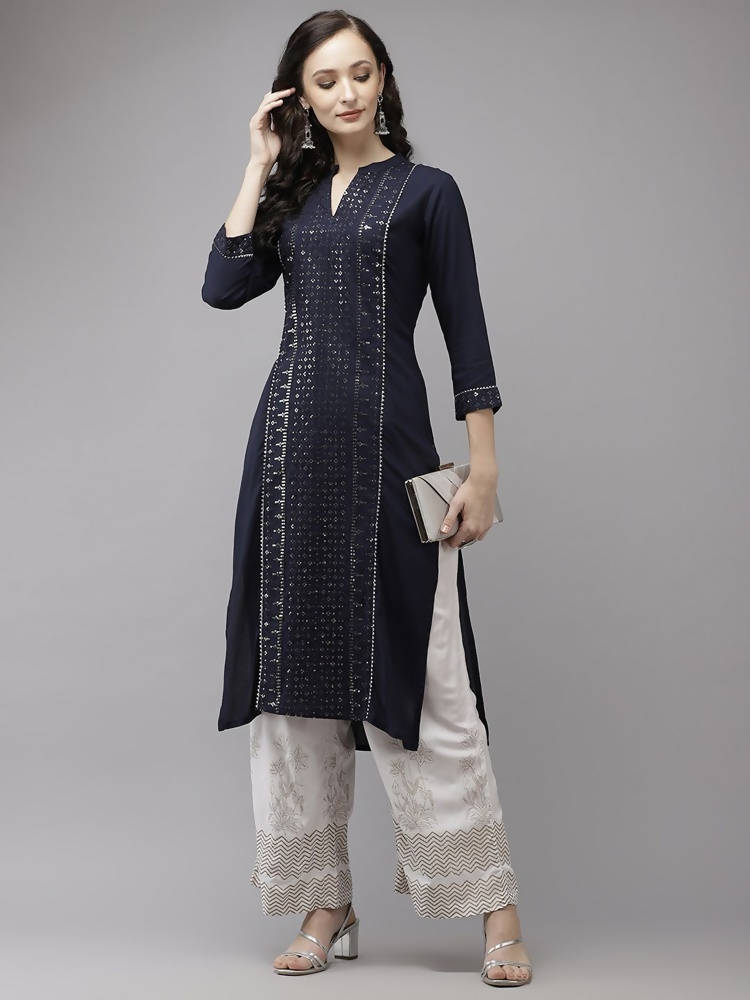 Yufta Women Navy Blue Regular Sequinned Kurta with Palazzo