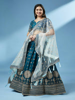 Thumbnail for House of Panchhi Teal - Pure Georgette Embroidered Lehenga - Distacart