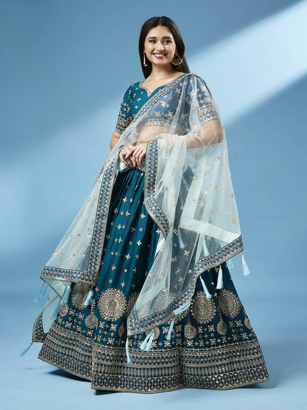 House of Panchhi Teal - Pure Georgette Embroidered Lehenga - Distacart