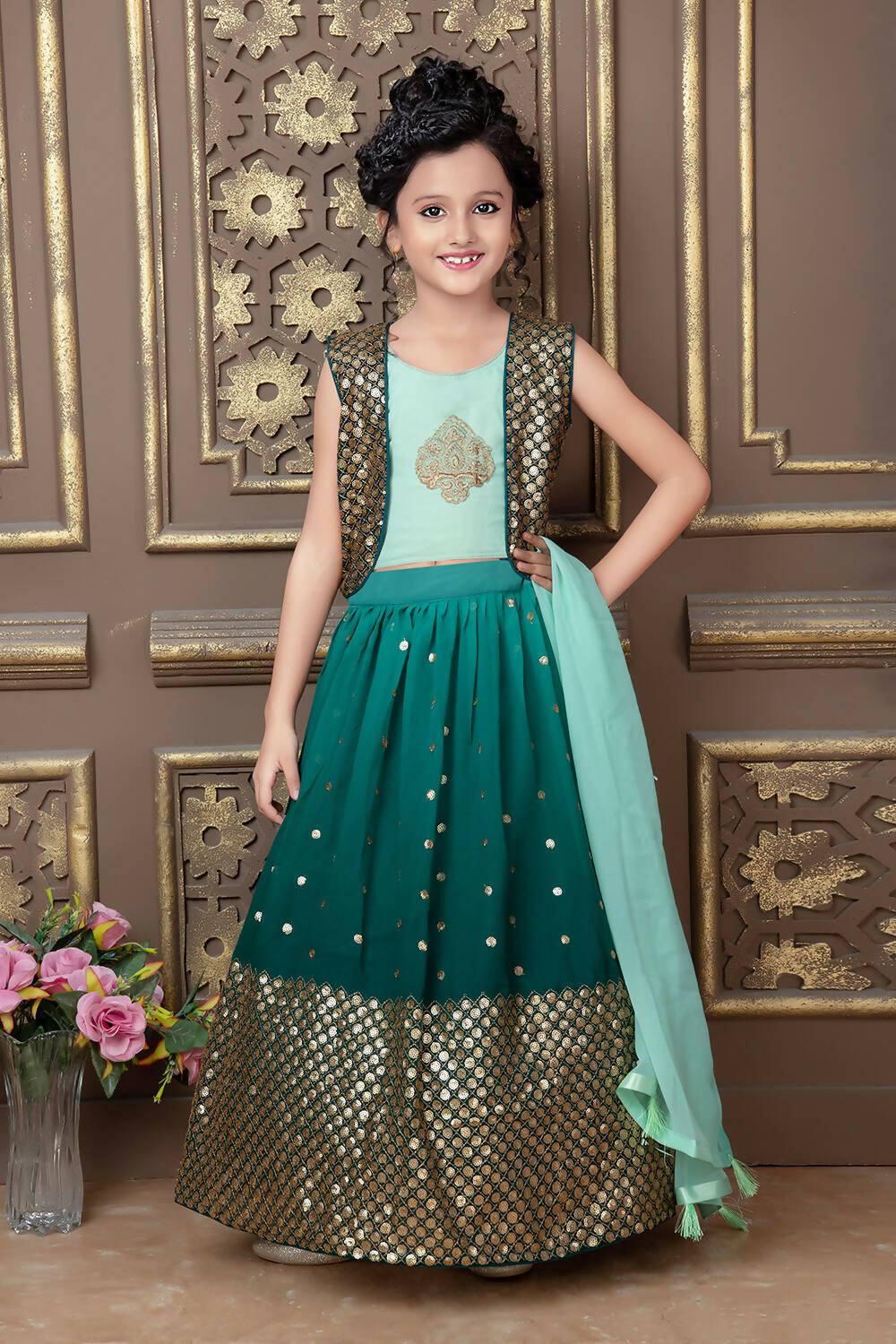 Kids Wedding Designer Green Georgette Lehenga Choli - Aaradhna - Distacart